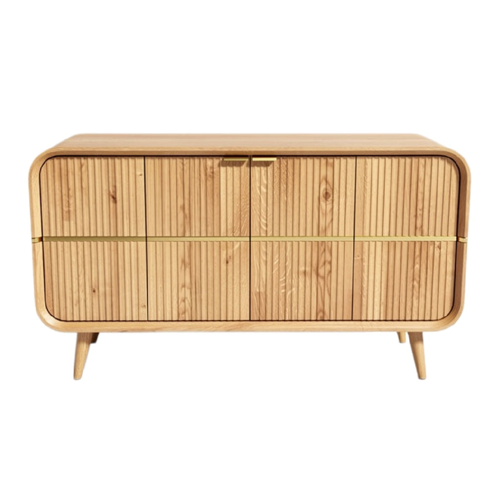 Moderne houtenkast met ribbelontwerp en gouden accenten
