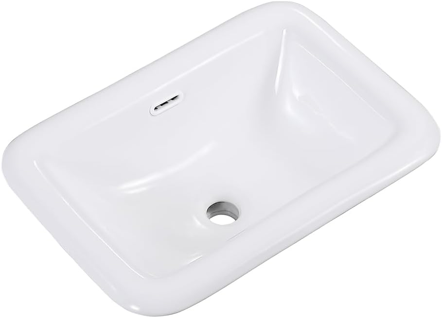 Bathroom Rectangle Vessel Sink 20" x 15" Semi Recessed Sink White Drop in ceramic Sink with Overflow Modern Sinks Bowl Vanity Above Counter Basin