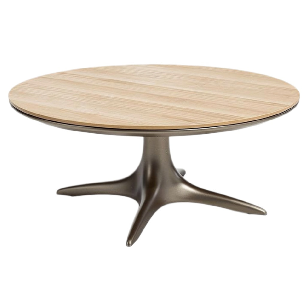 Moderne ronde eettafel met metalen voet en houten blad