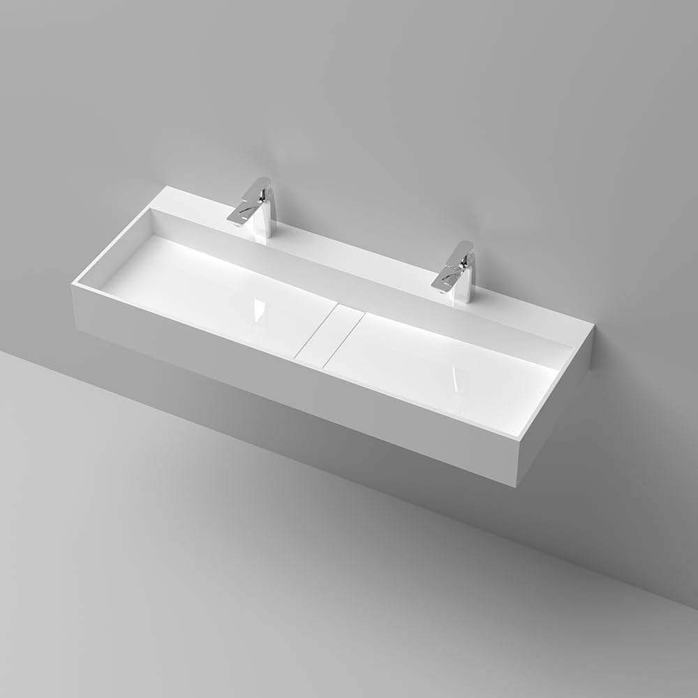 47'' Bathroom Vessel Sink Double-Bowl Bathroom Sink Wall Mounted Trough Floating Sink in Matte White