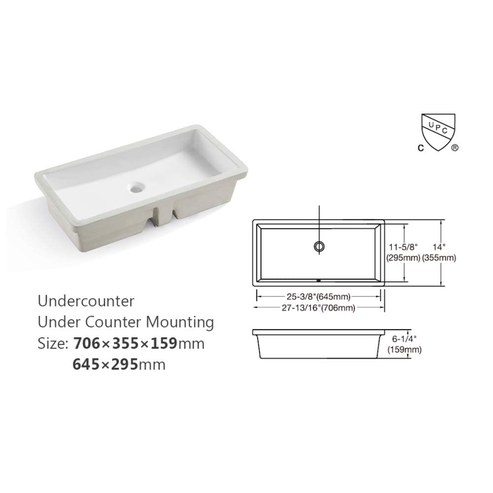 Lordear 17x12 Inch Undermount Bathroom Sink (Installation Size: 15"x10") Vanity Small Sinks Rectangle Pure White Porcelain Ceramic Bath Lavatory Vanity Sink Basin with Overflow
