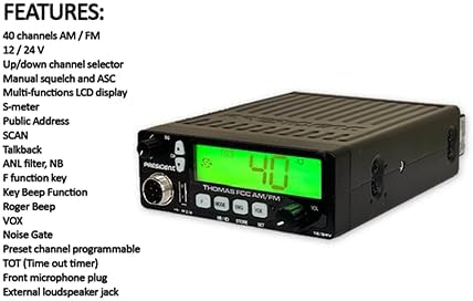 President Thomas FCC AM/FM CB Radio â 40 Channel, VOX Hands-Free, USB Port, ASC, Multi-Color LCD Display â 12/24V Compact Mobile Transceiver for Truckers & Off-Road Communication