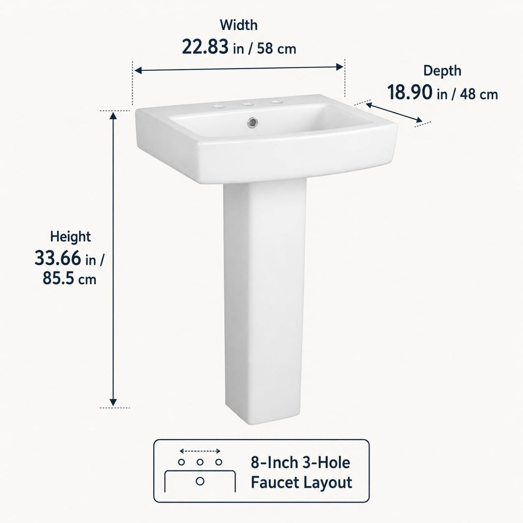 Garvee White Ceramic Pedestal Bathroom Sink, Single Hole Freestanding Basin