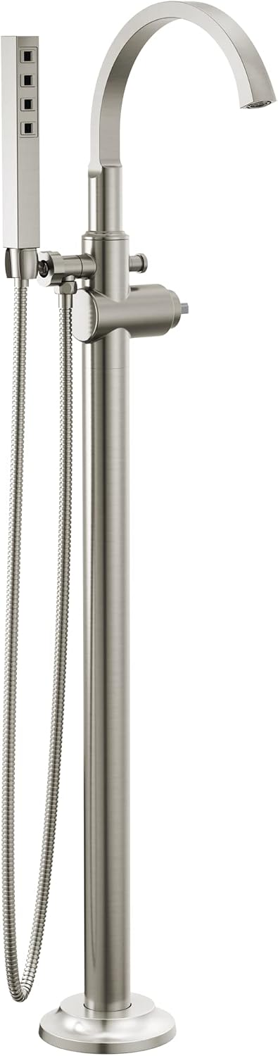 Delta Faucet Tetra Floor-Mount Freestanding Tub Filler with Hand Held Shower, Brushed Nickel Tub Faucet, Lumicoat Chrome T4788-PR-LHP-FL (Valve and Handle Not Included)