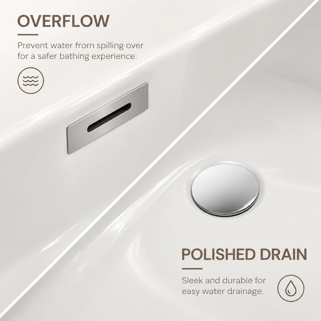 59" Acrylic Freestanding Soaking Bathtub, Deep Ergonomic Design with Lumbar Support, Integrated Overflow Drain, Non-Slip Base,cUPC Certified Modern Bathroom Tub, Easy Installation for Bathroom