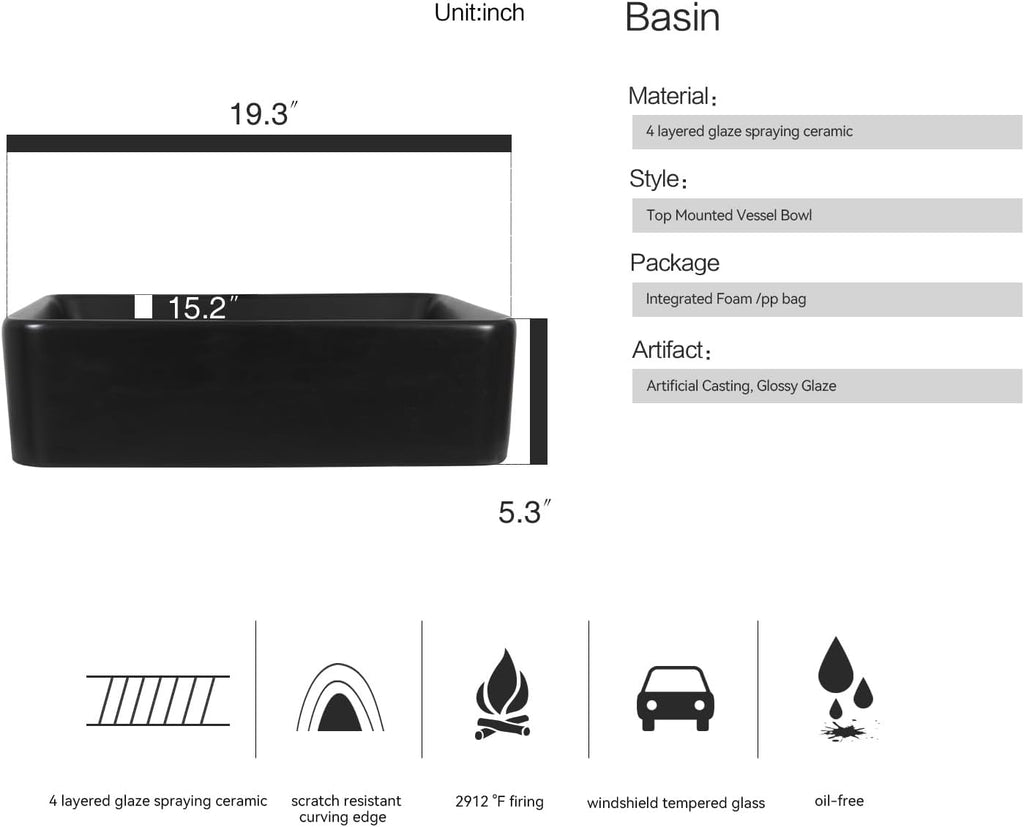 Ceramic Bathroom Sink, Black 19" x 15" Above Counter Porcelain Vessel Sink