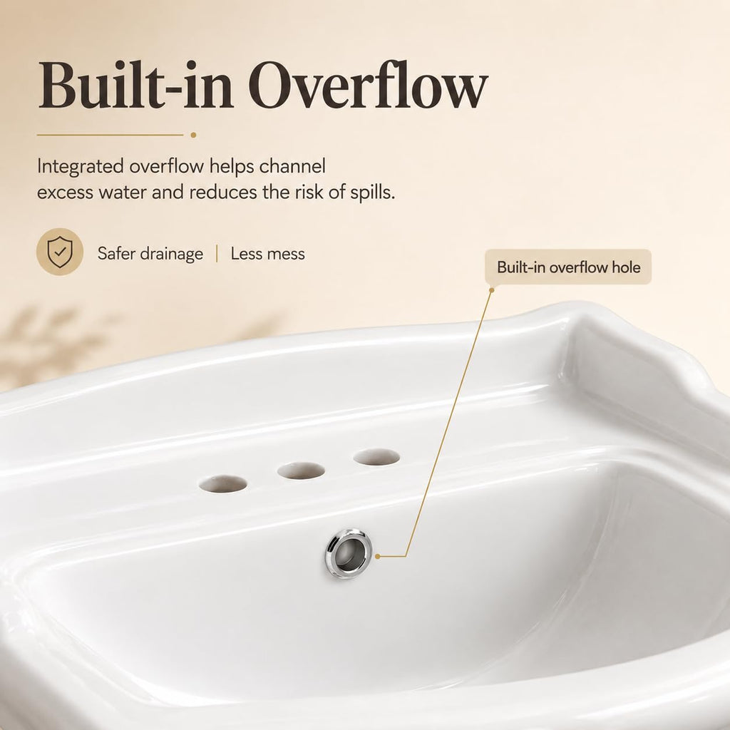 Garvee White Ceramic Pedestal Bathroom Sink, Single Hole Freestanding Basin