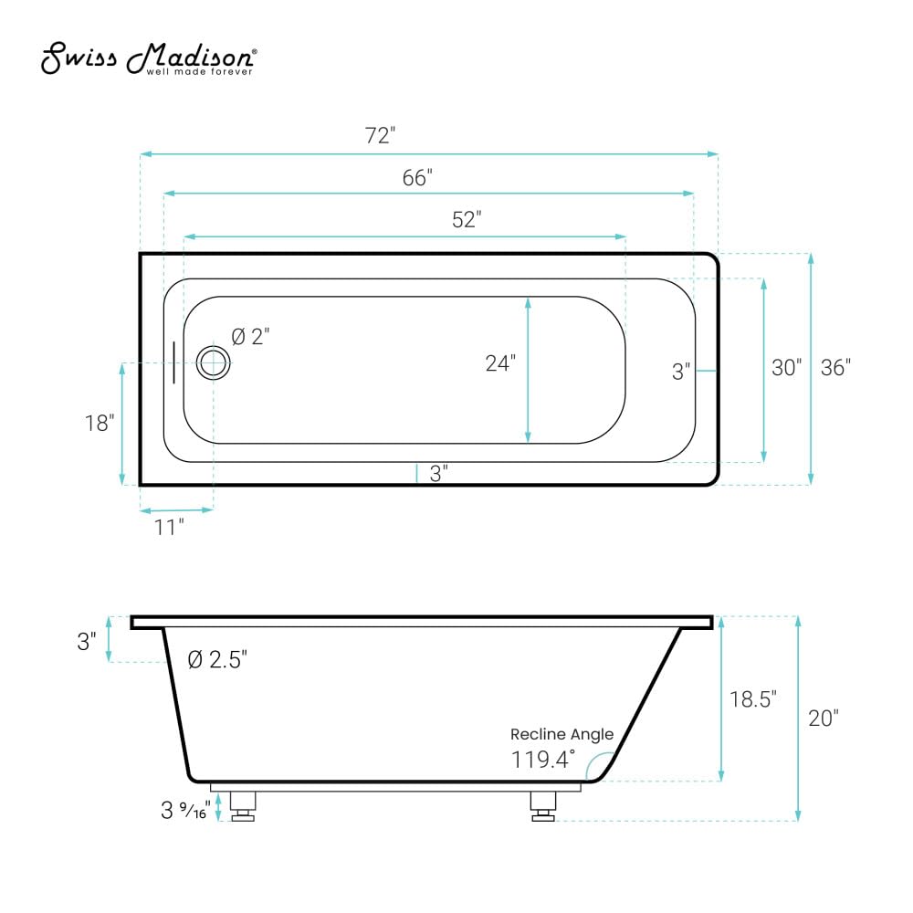 Swiss Madison Voltaire 66" x 36" Reversible Drain Drop-In Bathtub