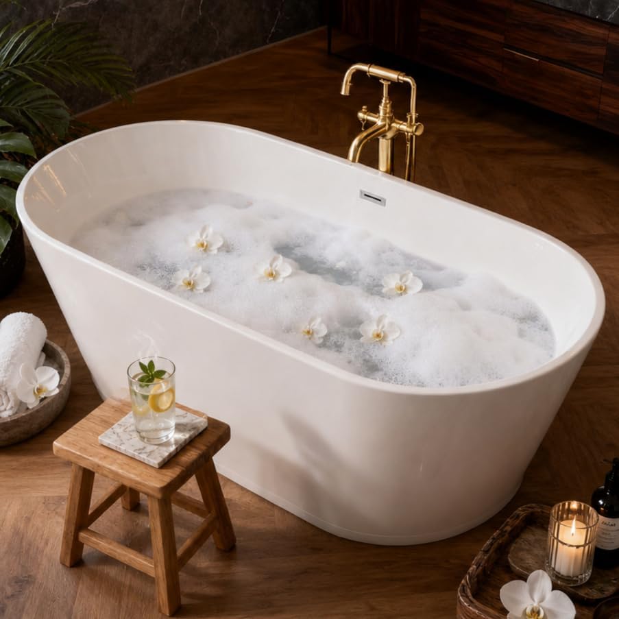 55" Oval Acrylic Free Standing Tub with 8-Layer Insulation (Gloss White)