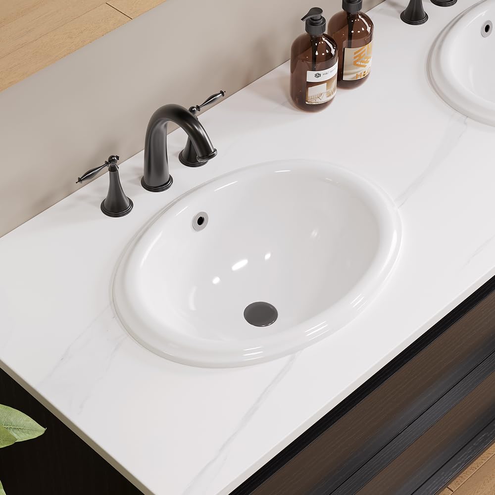 Bathroom Rectangle Vessel Sink 20" x 15" Semi Recessed Sink White Drop in ceramic Sink with Overflow Modern Sinks Bowl Vanity Above Counter Basin