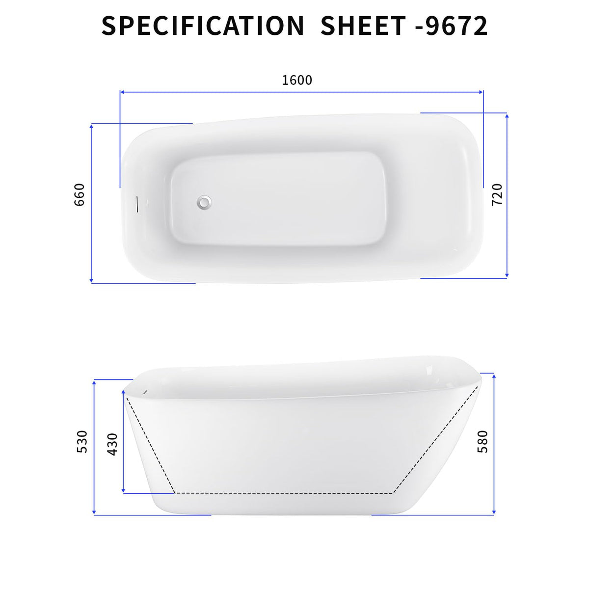 62" Lucite Acrylic Freestanding Bathtub, Double Slipper Soaking Tub