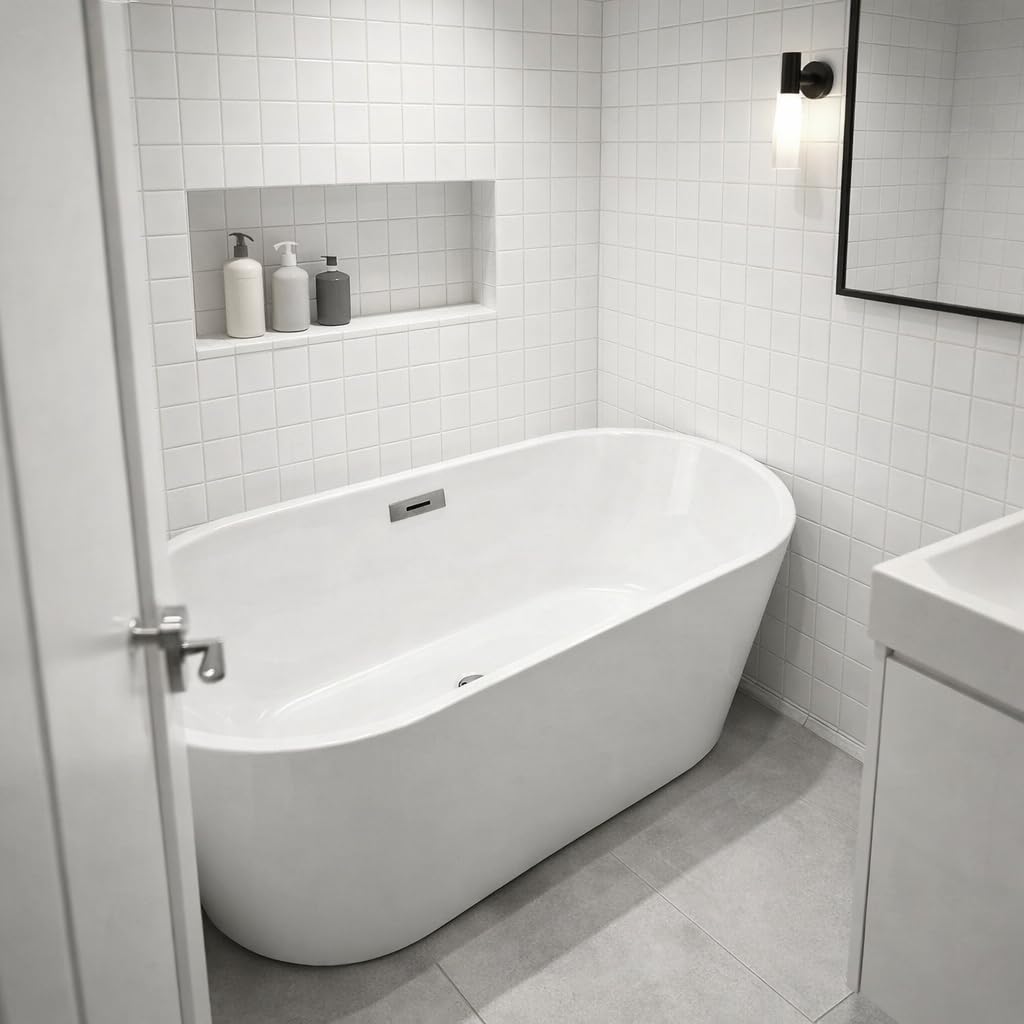 59" Acrylic Freestanding Bathtub, Modern Soaking Tub with Matte Drain and Overflow, Ergonomic Deep Design, Double-Walled Insulation, CUPC Certified, Easy Clean, Slip-Resistant, Gloss White