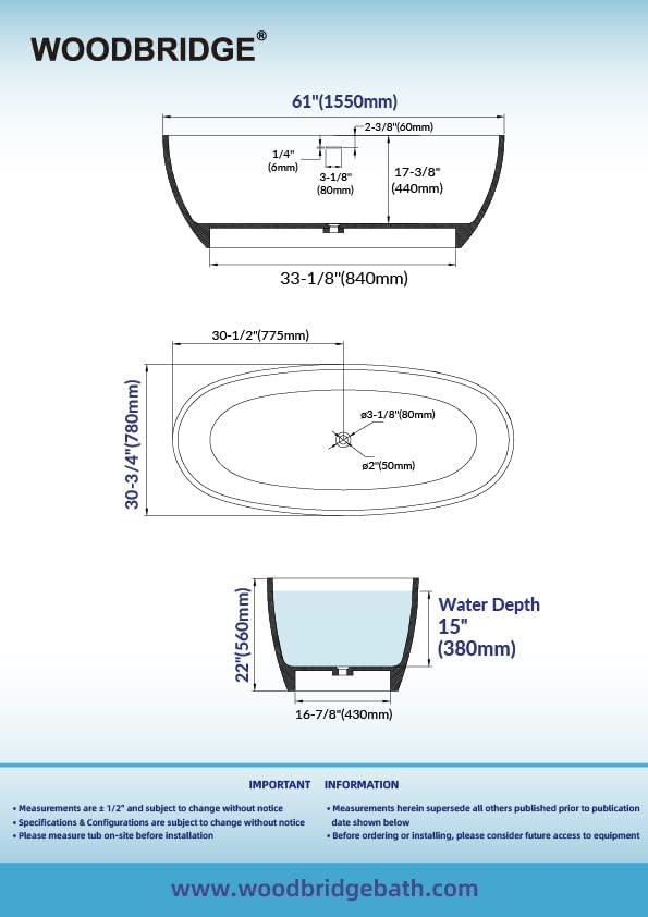 WOODBRIDGE 61" Stone Resin Freestanding Soaking Tub, Modern Oval Solid Surface Bathtub with Integrated Slotted Overflow & Drain, Matte White