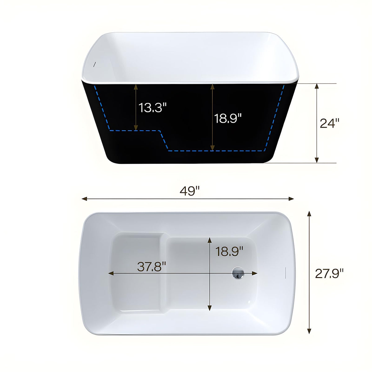 49" Acrylic Freestanding Bathtub - Japanese Square Soaking Tub with Built-in Seat & Toe-Tap Drain, Glossy White Finish, CUPC Certified