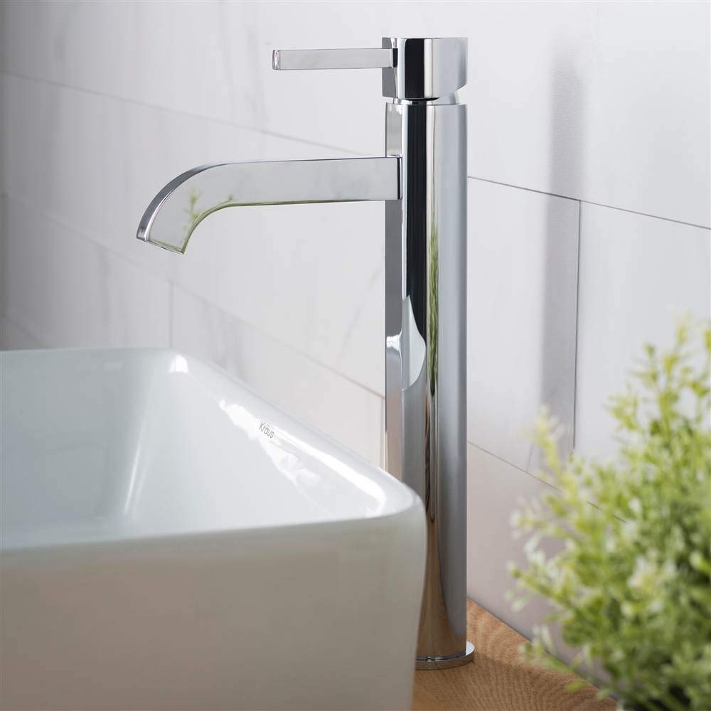 KRAUS Ramus Single Handle Vessel Sink Bathroom Faucet with Pop-Up Drain in Brushed Gold, KVF-1220BG