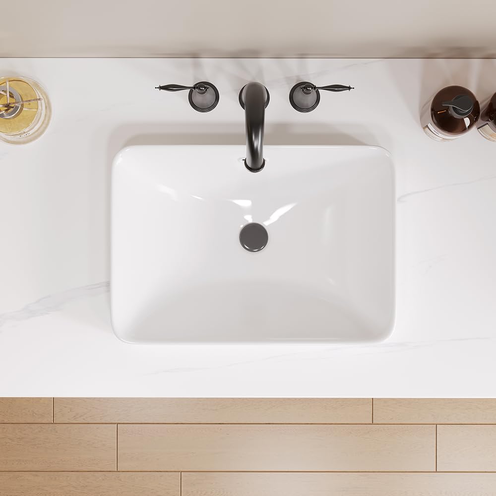 Bathroom Rectangle Vessel Sink 20" x 15" Semi Recessed Sink White Drop in ceramic Sink with Overflow Modern Sinks Bowl Vanity Above Counter Basin