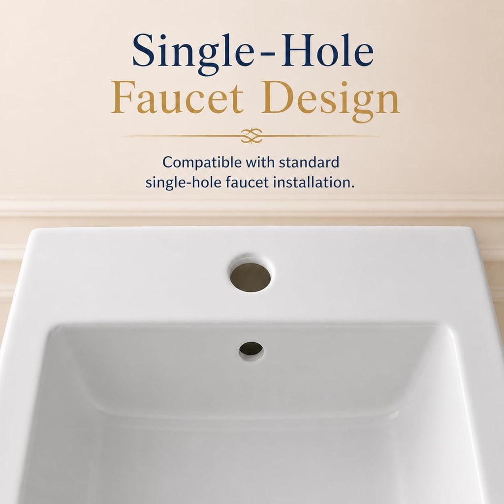 Garvee White Ceramic Pedestal Bathroom Sink, Single Hole Freestanding Basin