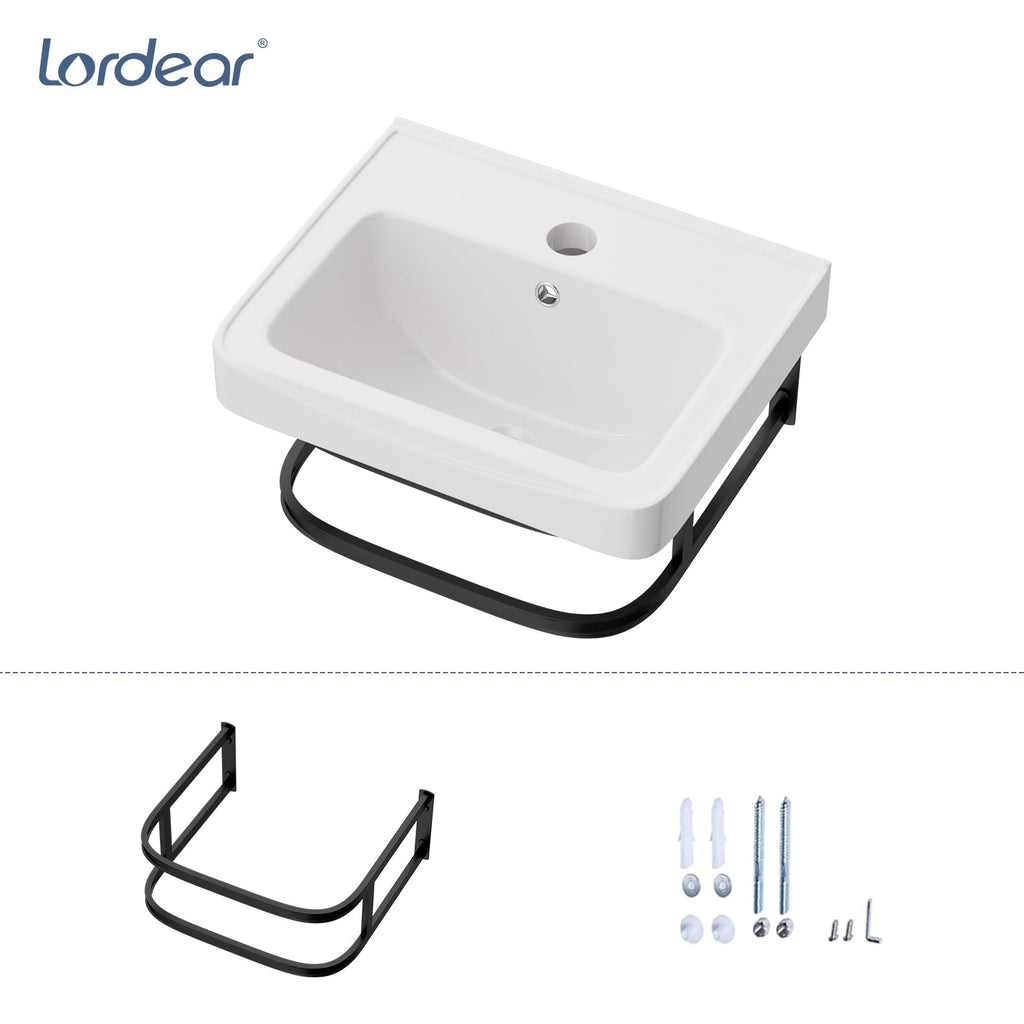 Lordear Wall Mount Bathroom Sink 21x12 Inch White Rectangle Sink with Overflow Porcelain Ceramic Floating Bathroom Vessel Sinks, Wall Hung Wash Hand Basin
