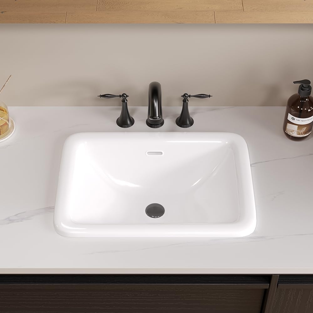 Bathroom Rectangle Vessel Sink 20" x 15" Semi Recessed Sink White Drop in ceramic Sink with Overflow Modern Sinks Bowl Vanity Above Counter Basin