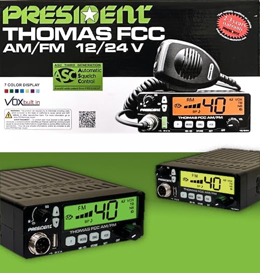 President Thomas FCC AM/FM CB Radio â 40 Channel, VOX Hands-Free, USB Port, ASC, Multi-Color LCD Display â 12/24V Compact Mobile Transceiver for Truckers & Off-Road Communication