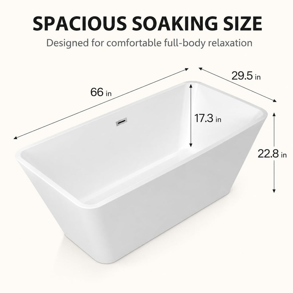 59" Acrylic Freestanding Soaking Bathtub, Deep Ergonomic Design with Lumbar Support, Integrated Overflow Drain, Non-Slip Base,cUPC Certified Modern Bathroom Tub, Easy Installation for Bathroom