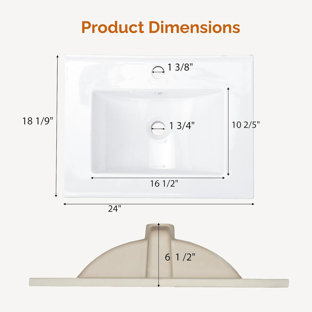 VINGLI 24 In Vanity Top Sink,1 Pre-Drilled Standard 1 3/8" Faucet Hole,1 3/4" Diameter of Center Hole,24 Inch Modern Rectangular Ceramic Single Sink Basin Vanity Top, 24"Wx18.1"Dx6.7"H,White