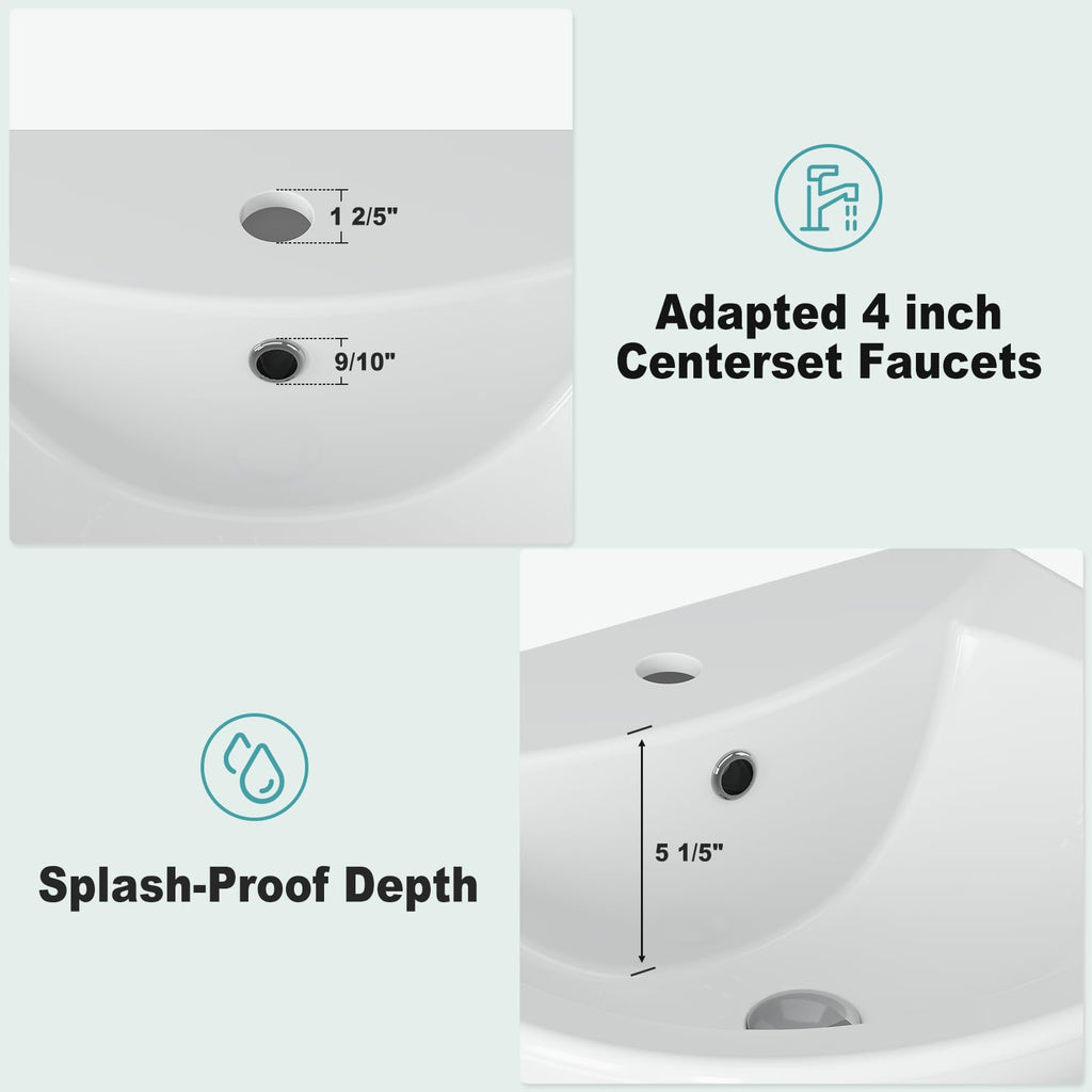 26" W X 20" D Bathroom Pedestal Sink, Rectangular White Ceramic Vanity Sink with Overflow and 3 Pre-Drilled Holes - Fits 8-Inch Faucets,Freestanding Restroom Sink Combo for Small Spaces