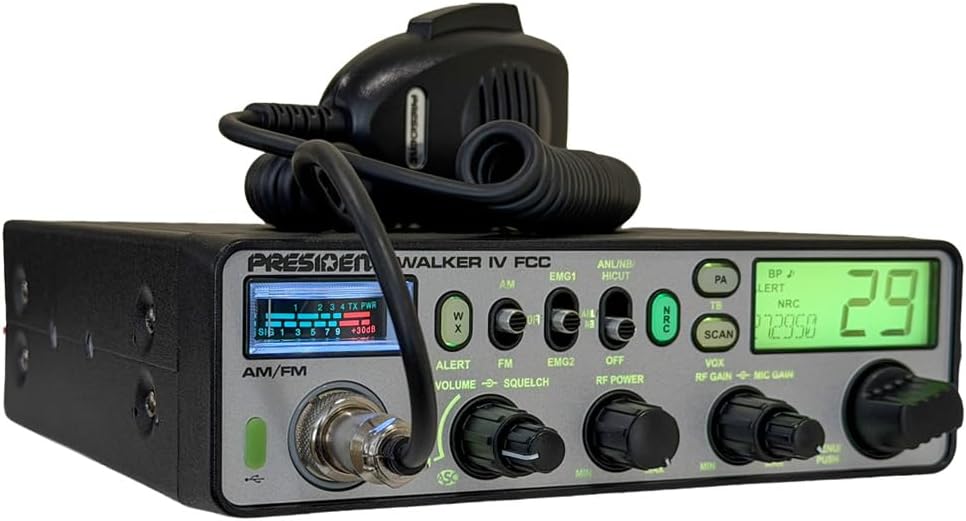 President Walker IV FCC AM/FM Trucker CB Radio with Automatic SWR/SWR Protection, 7-Color LCD with Glow Mode, Automatic Squelch, Noise Reduction, Weather/Alert, VOX Hands-free, USB-C Port, P-channels.