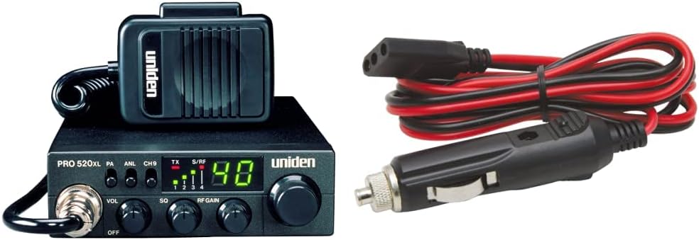 Uniden PRO520XL Pro Series 40-Channel CB Radio + RoadPro RPPS-220 Platinum Series 12V 3-Pin Plug Fused Replacement CB Power Cord