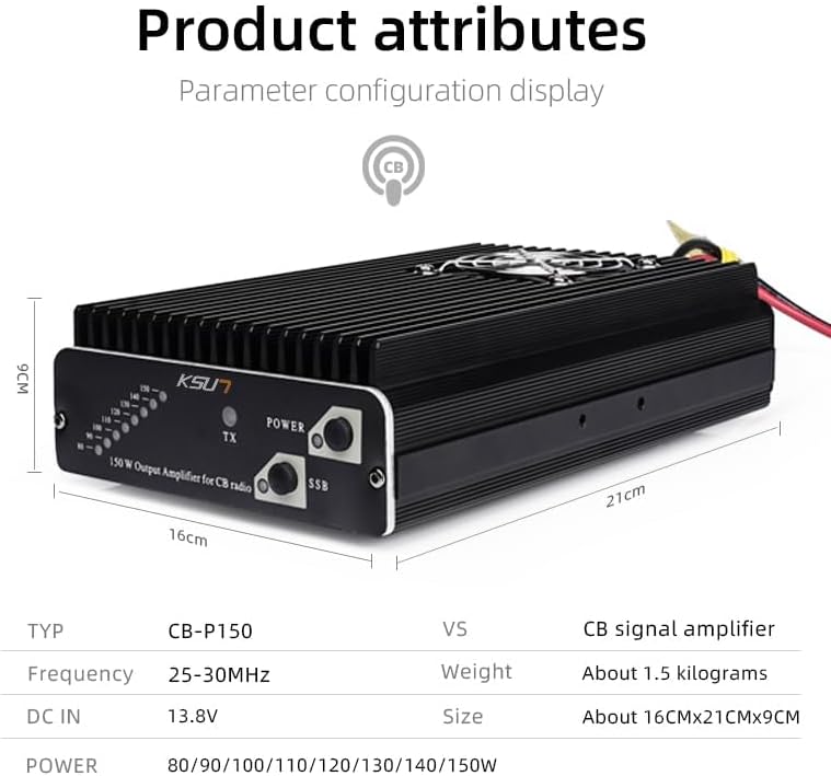 KSUN Output Power for CB Radio, Black, with SSB Mode and TX Indicator CB-P150