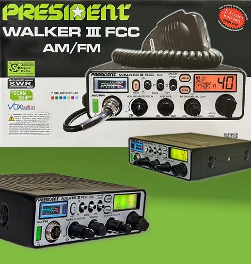 President Walker III FCC AM/FM 40 Channels CB Radio, 7color LCD Display, Weather Channel/Alert, ASC, VOX, Scan Skip, USB Port, Automatic SWR, RF & Mic Gain, ANL/NB, Dimmer, Key/Roger Beep