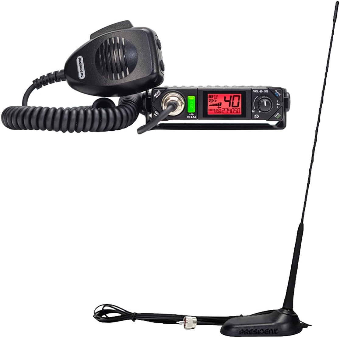 President Premium Compact CB Radio Kit with Bill III AM/FM CB Radio and Virginia F Antenna, Features P-Channels, NRC, and Weather Channels