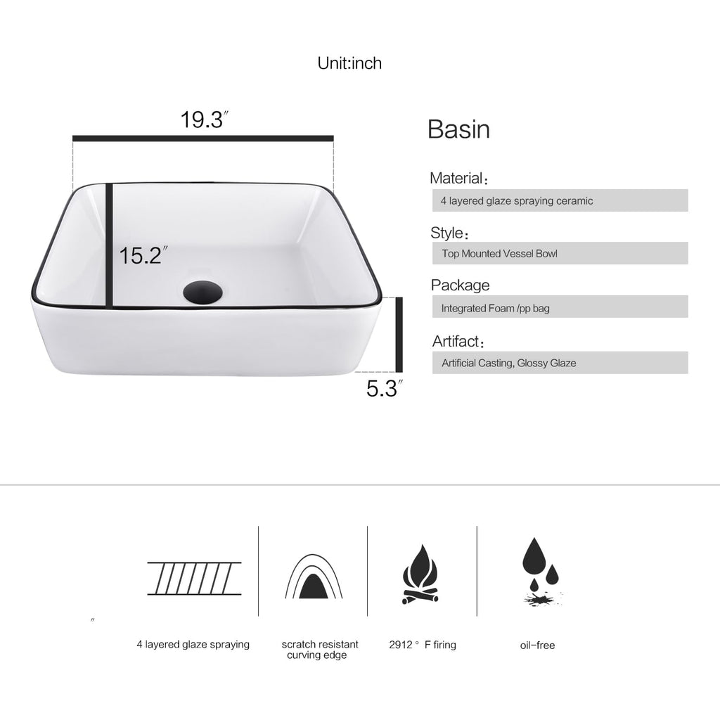 Ceramic Bathroom Sink, Black 19" x 15" Above Counter Porcelain Vessel Sink