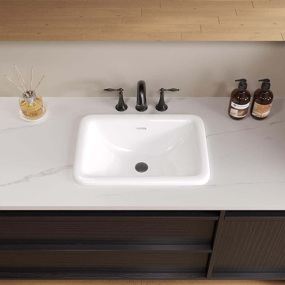 Bathroom Rectangle Vessel Sink 20" x 15" Semi Recessed Sink White Drop in ceramic Sink with Overflow Modern Sinks Bowl Vanity Above Counter Basin
