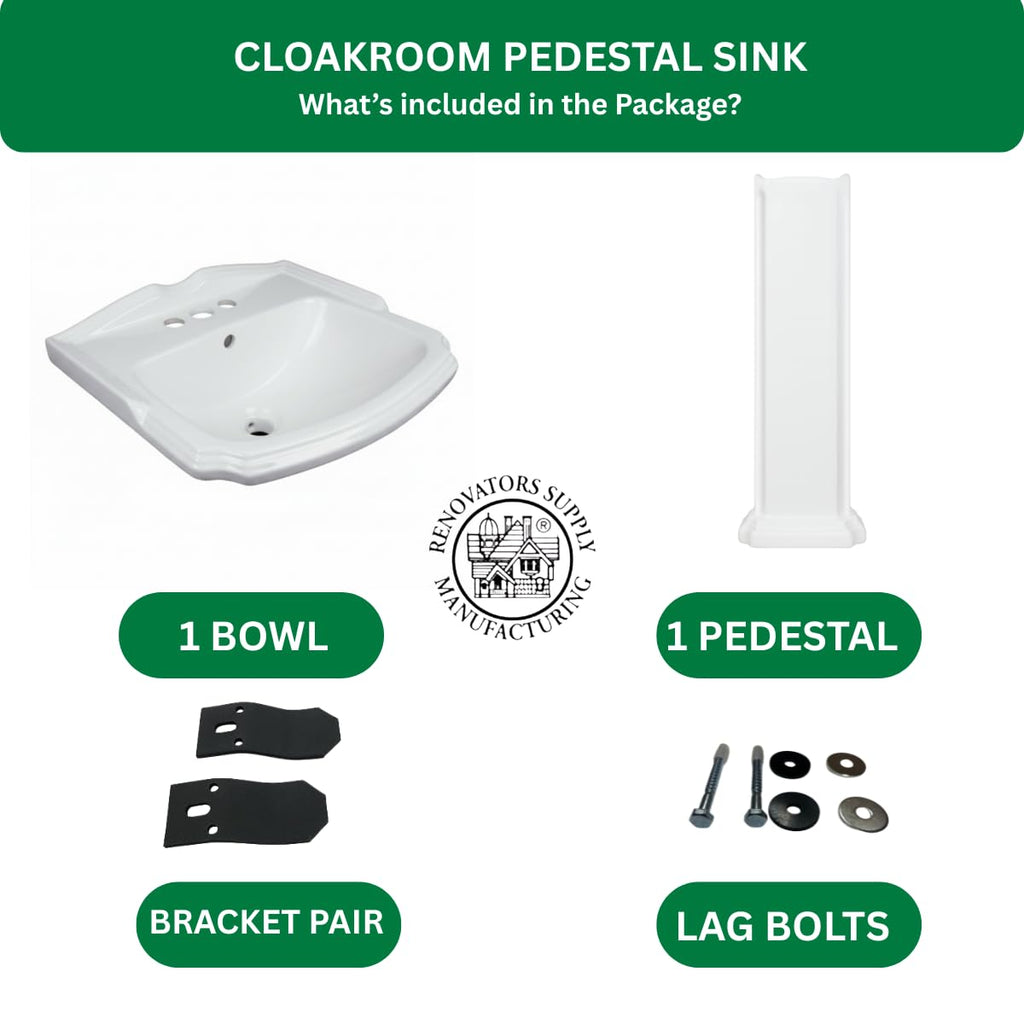Renovators Supply Manufacturing Ondine Space Saving 16" W x 33" H x 14.5" Proj. Small Bathroom Pedestal Sink, Vitreous China, with Overflow, Compatible with 4 in. Centerset Faucets
