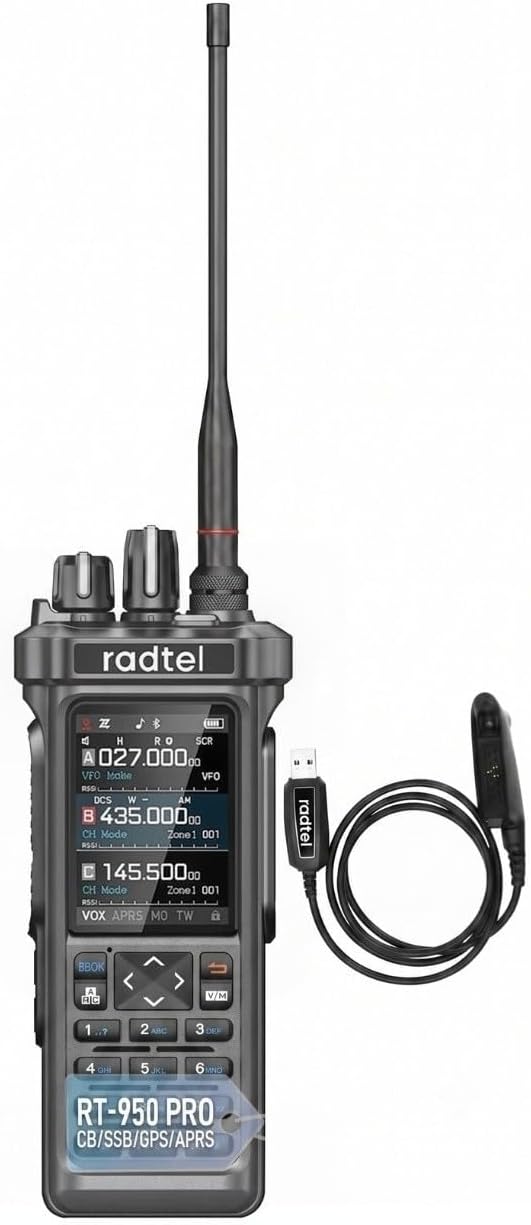 Radtel RT-950 PRO Handheld Ham Radio GPS/APRS, 10W Walkie Talkie, AM/FM/CB/SW/MW/LW RX, Bluetooth APP Programming, NOAA, Spectrum Analyzer, Black with Cable