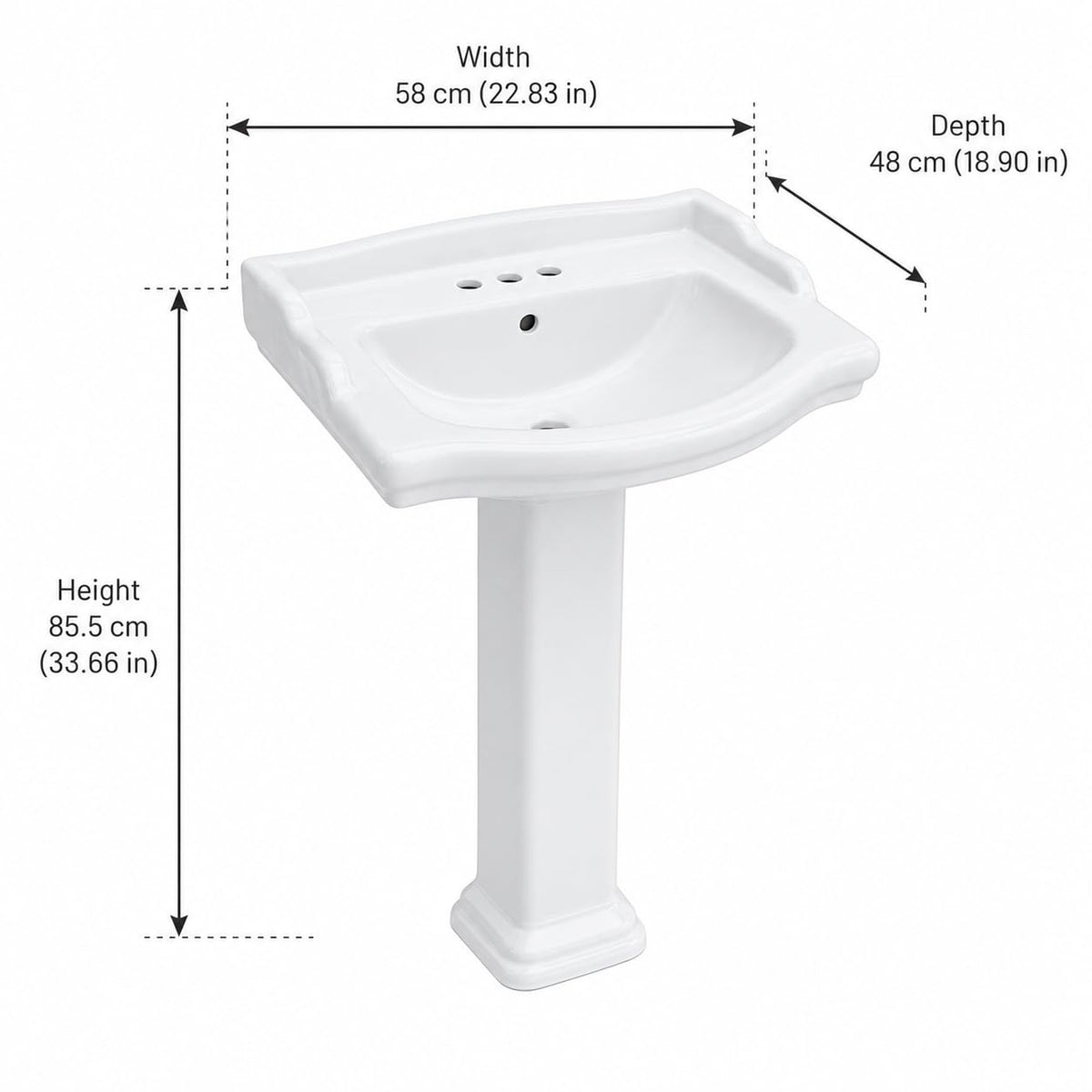 Garvee White Ceramic Pedestal Bathroom Sink, Single Hole Freestanding Basin