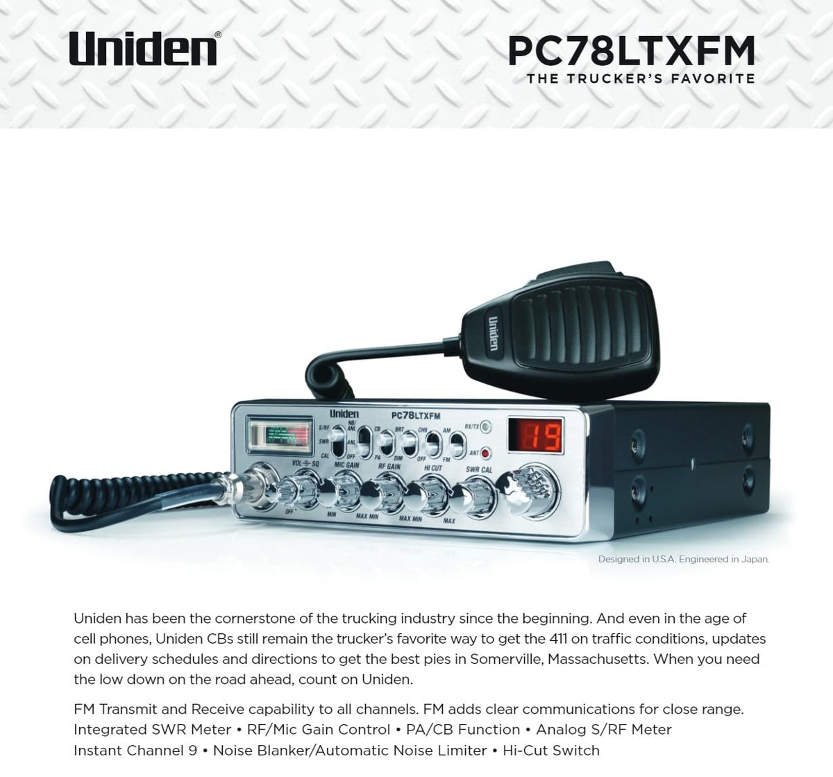 Uniden PC78LTX 40-Channel Trucker's CB Radio with Integrated SWR Meter, PA Function, Hi Cut, Mic/RF Gain, and Instant Channel 9,Silver