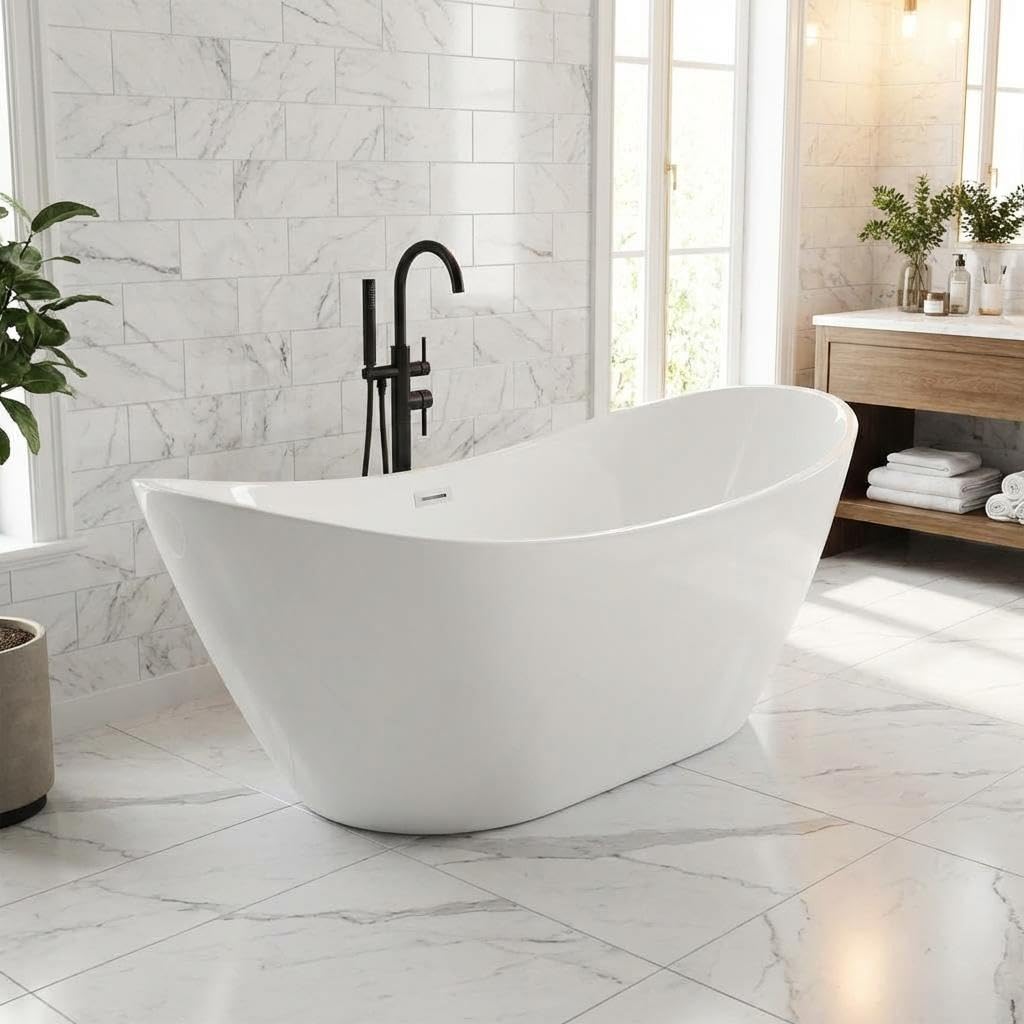 67'' Acrylic Freestanding Bathtub, Extra-Deep Soaking Free Standing Tub for Luxurious Bathing Experience, with Chrome Drain, for Main Bathroom, Black & White
