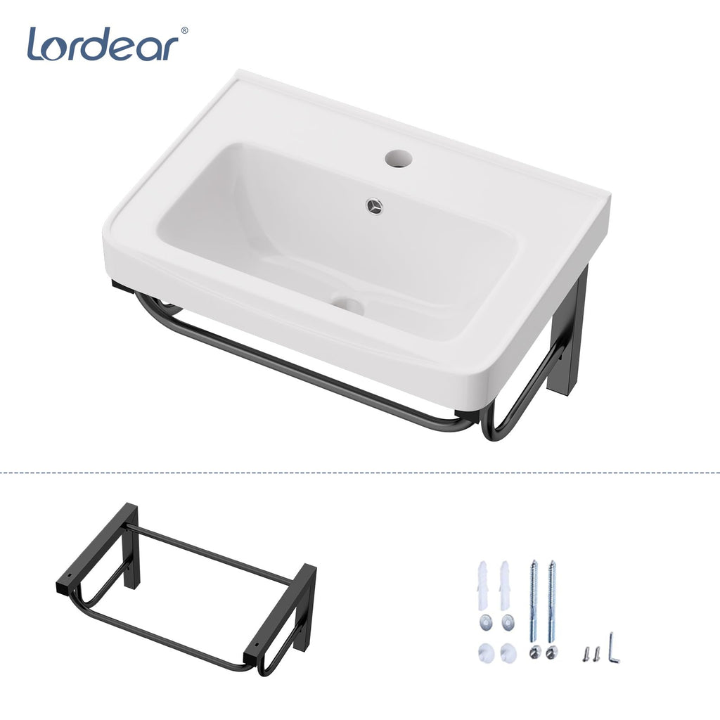 Lordear Wall Mount Bathroom Sink 21x12 Inch White Rectangle Sink with Overflow Porcelain Ceramic Floating Bathroom Vessel Sinks, Wall Hung Wash Hand Basin