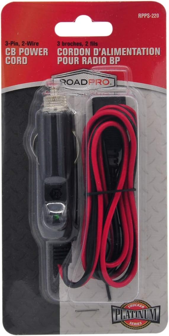 Uniden PRO520XL Pro Series 40-Channel CB Radio + RoadPro RPPS-220 Platinum Series 12V 3-Pin Plug Fused Replacement CB Power Cord