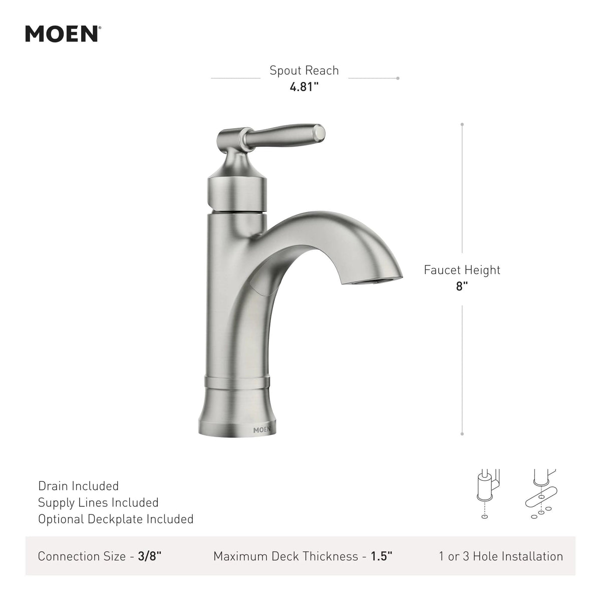 Moen Halle Spot Resist Brushed Nickel One-Handle Single Hole Bathroom Sink Faucet with Optional Deckplate, 84970SRN