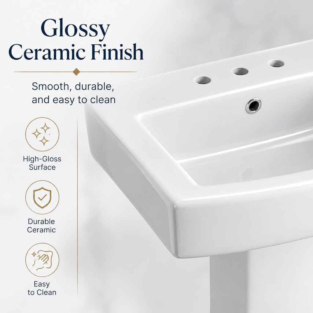 Garvee White Ceramic Pedestal Bathroom Sink, Single Hole Freestanding Basin