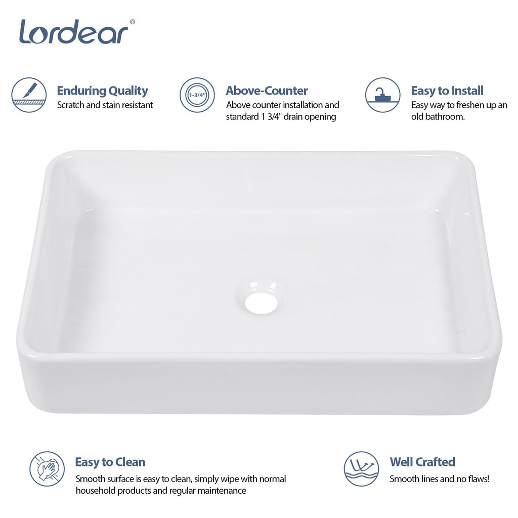 Bathroom Vessel Sink 19"x15" Rectangle Sink Above Counter White Porcelain Ceramic Modern Vanity Sink Art Basin with Faucet Hole