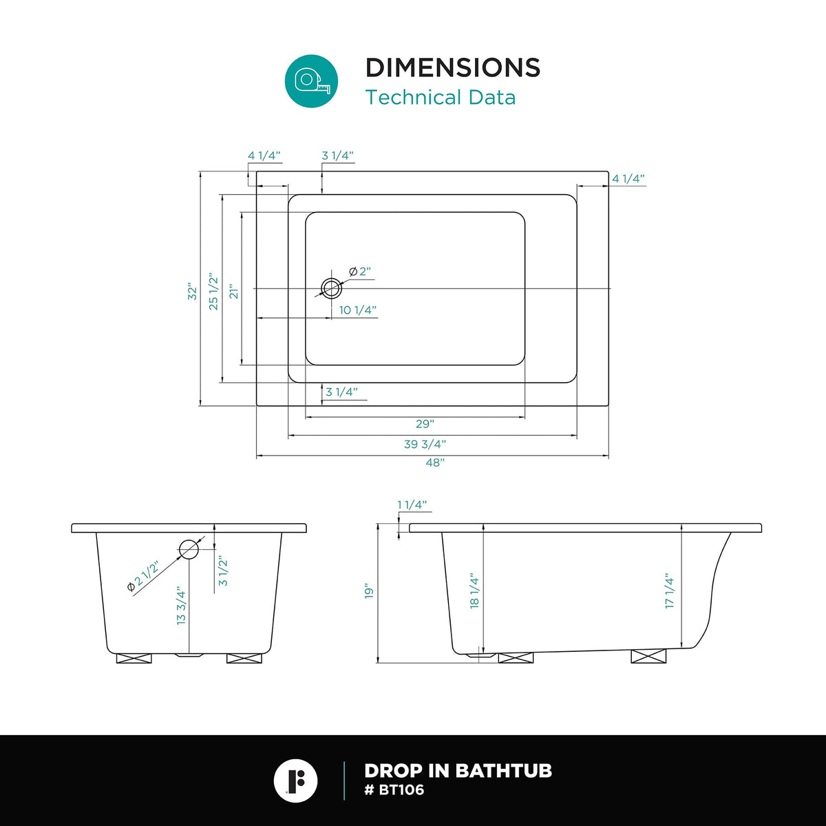 Fine Fixtures Drop In White Soaking Bathtub, Fiberglass Acrylic Material, 60"L x 32"W x 19"H