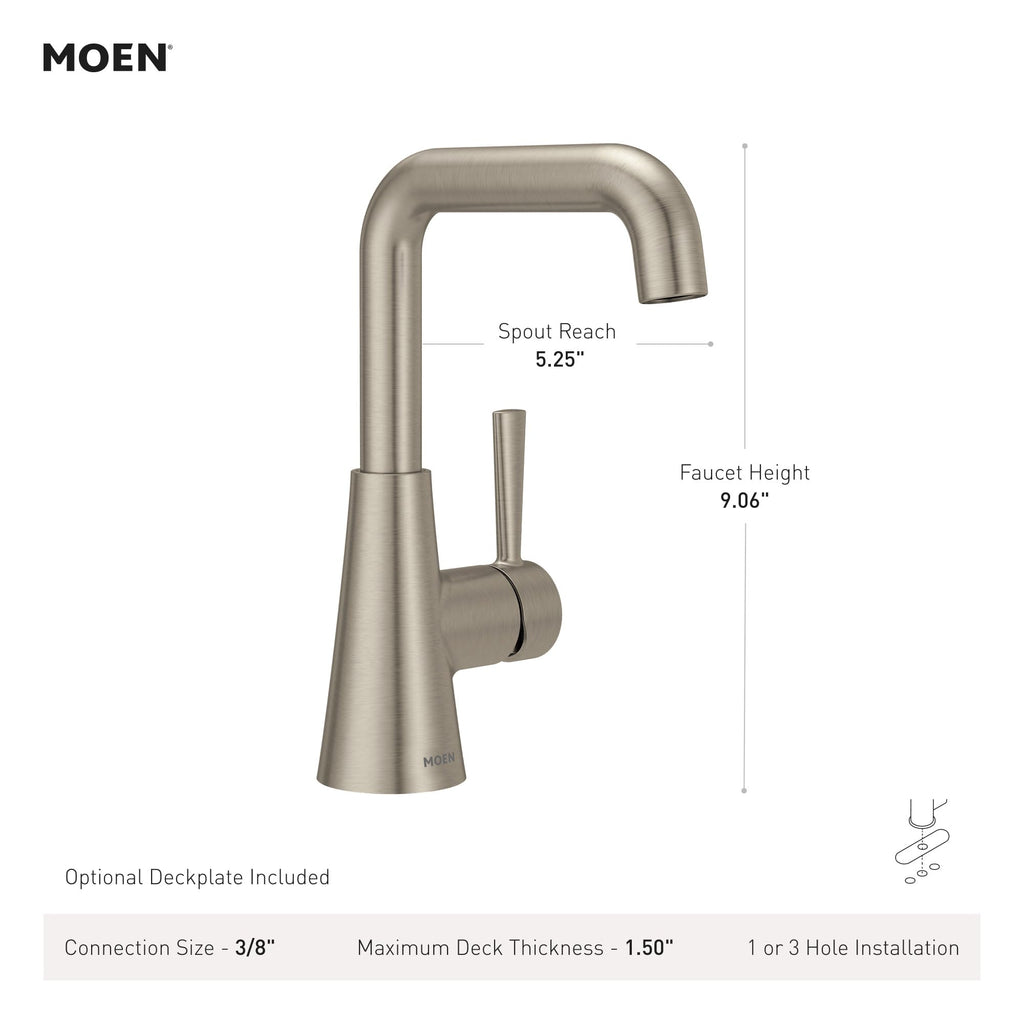 Moen Ronan Matte Black Double Bend Single Hole Modern Bathroom Sink Faucet with Optional Deckplate and Spring Loaded Drain Assembly, 84024BL