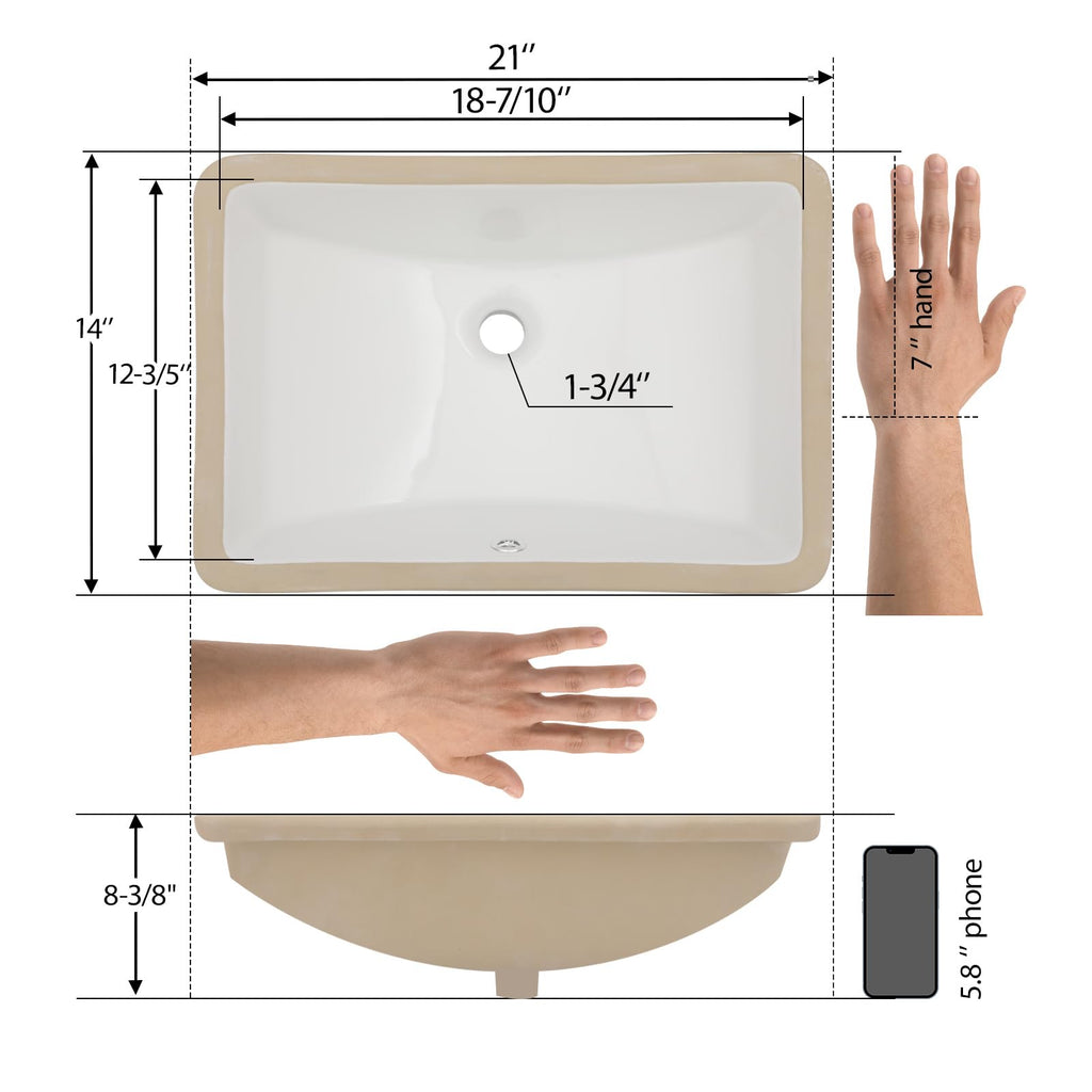 Mocoloo Bathroom Sink Undermount 22"x16" White Rectangle Porcelain Sink with Vertical Sides and Overflow Drain Under Counter Mount Ceramic Lavatory Vanity Sinks for Bathroom Interior Size 19 x 13