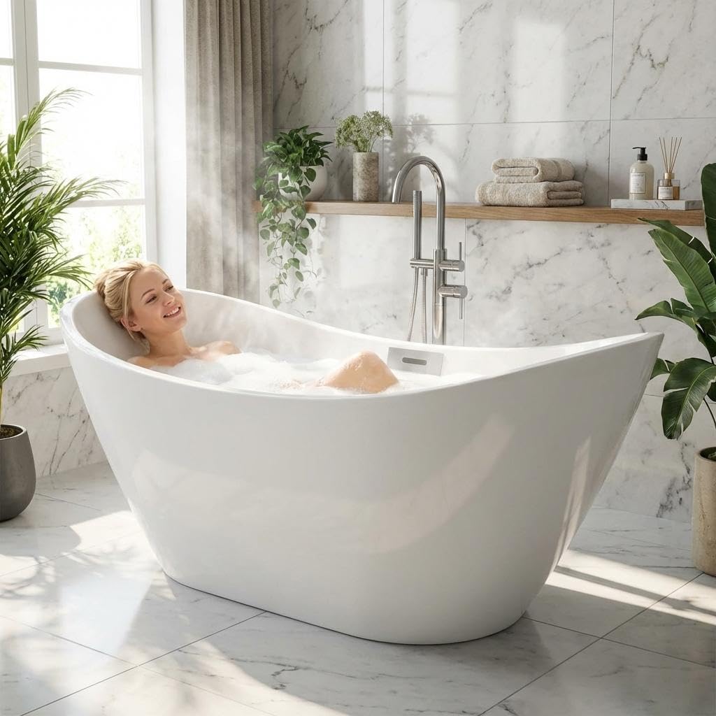 59" Acrylic Freestanding Bathtub, Modern Soaking Tub with Matte Drain and Overflow, Ergonomic Deep Design, Double-Walled Insulation, CUPC Certified, Easy Clean, Slip-Resistant, Gloss White