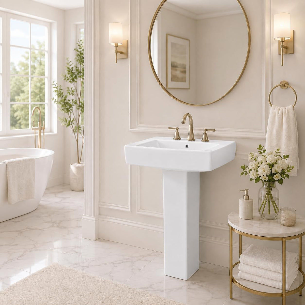 Garvee White Ceramic Pedestal Bathroom Sink, Single Hole Freestanding Basin