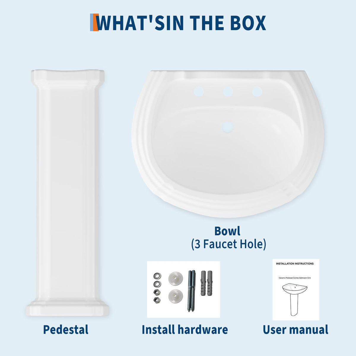 26" W X 20" D Bathroom Pedestal Sink, Rectangular White Ceramic Vanity Sink with Overflow and 3 Pre-Drilled Holes - Fits 8-Inch Faucets,Freestanding Restroom Sink Combo for Small Spaces
